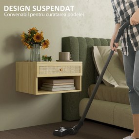 HOMCOM Set de 2 Noptiere Plutitoare, Noptiere cu Sertar din Ratan și Raft Deschis pentru Dormitor, 40x34x23 cm, Lemn Natural | Aosom Romania