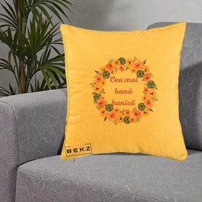 Cadou pentru Bunica - Perna Personalizata Cea Mai Buna Bunica Coronita Flori Multicolore, 40x40 cm, Galben, Husa Detasabila, Perna Inclusa, BEKZ®