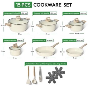 Set oale si tigai Just Perfecto JL-28, 15 piese, Turnat, Acoperire din marmura, Inductie, Accesorii, Bej