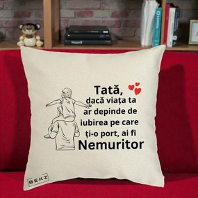 Cadou pentru Tata - Perna Personalizata Tata Supererou Nemuritor, 40x40 cm, Ecru, Husa Detasabila, Perna Inclusa, BEKZ®