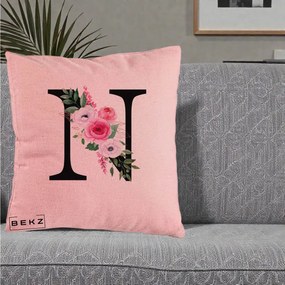 Cadou Personalizat - Perna Personalizata Monograma Florala Litera N, 40x40 cm, Roz, Husa Detasabila, Perna Inclusa, BEKZ®