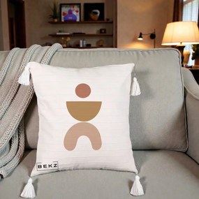 Perna Decorativa Geometric Boho Disc si Arc, 40x40 cm, Bej cu Franjuri, Husa Detasabila, Perna Inclusa, BEKZ®