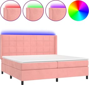 vidaXL Pat continental cu saltea & LED, roz, 200x200 cm, catifea
