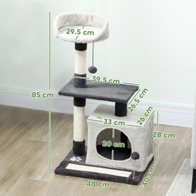 PawHut Ansamblu de joacă pentru pisici cu căsuță, Culcuș, Stâlpi și Covor, 85cm, Gri | Aosom Romania