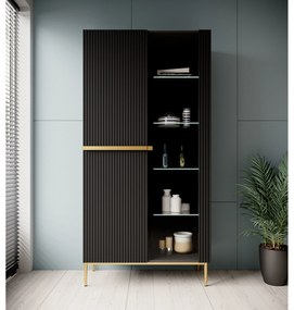 Vitrina Nicole 100 cm cu fata canelata - picioare negru mat / auriu