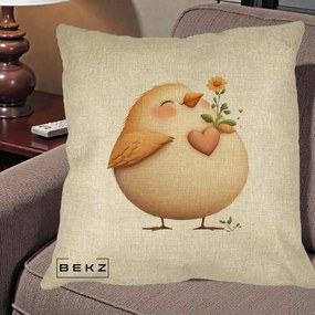 Perna Decorativa Pui cu Inima si Floarea-Soarelui, 40x40 cm, Crem, Husa Detasabila, Perna Inclusa, BEKZ®