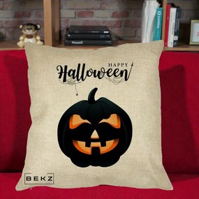 Perna Decorativa Happy Halloween Dovleac Negru cu Paianjen, 40x40 cm, Crem, Husa Detasabila, Perna Inclusa, BEKZ®