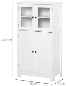 kleankin Mobile Bagno con 2 Armadietti e Ante in Vetro, Mobiletto Bagno Salvaspazio con Ripiano Regolabile, Armadietto da Terra per Sala da Pranzo, Salotto, Soggiorno, Cucina, 60x30x108.5 cm, Bianco | Aosom Romania