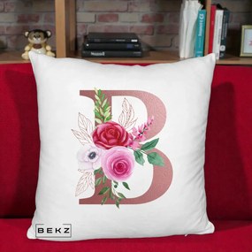 Cadou Personalizat - Perna Personalizata Monograma Rose Gold Litera B, 40x40 cm, Alb Pufos, Husa Detasabila, Perna Inclusa, BEKZ®
