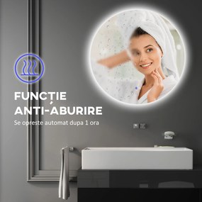 Kleankin Oglinda de Baie Rotunda cu Lumina LED in 3 Culori si intrerupatoare Touch, Ø70x3.5 cm, Transparent | Aosom Romania