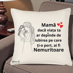 Cadou pentru Mama - Perna Personalizata Mama Nemuritoare cu Copilul in Poala, 40x40 cm, Crem Reliefat, Husa Detasabila, Perna Inclusa, BEKZ®