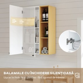 HOMCOM Dulap de Baie Suspendat cu Uși Soft Close, Dulap de Baie Suspendat cu Rafturi Reglabile și 3 Rafturi Deschise, 59.5x30x90 cm, Alb și Culoare Lemn | Aosom Romania
