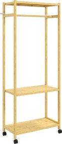HOMCOM Cuier de Podea cu Bară și 4 Roți, Economisire Spațiu, Cuier din Bambus cu Rafturi Inferioare, pentru Dormitor, Hol, 70x35x175 cm, Lemn Natural | Aosom Romania
