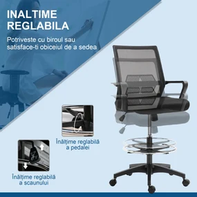 Vinsetto Scaun de Birou Reglabil pe Înălțime cu Suport pentru Picioare, Negru | Aosom Romania