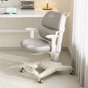 GROWFIT ERGO CARE JUNIOR PRO 360 – Scaun ergonomic reglabil pentru copii și adolescenți, cu spătar dublu adaptiv, suport lombar automat, cotiere 4D, roți cu blocare automată, ajustare completă 360°, Gri