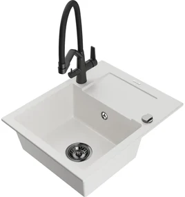Mexen Enzo chiuvetă de granit cu un compartiment, cu picurător și baterie de bucătărie Duo, Albă - 6506-20-671701-70-B