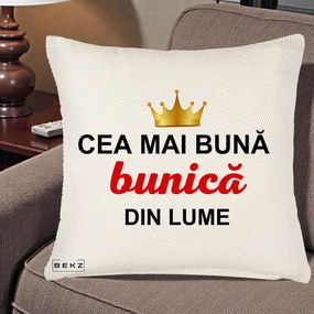Cadou pentru Bunica - Perna Personalizata Cea Mai Buna Bunica Din Lume Coroana Aurie, 40x40 cm, Crem Reliefat, Husa Detasabila, Perna Inclusa, BEKZ®