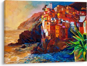 Tablou - Satul de coastă Cinque Terre, Riviera italiană, impresionismul modern (70x50 cm)