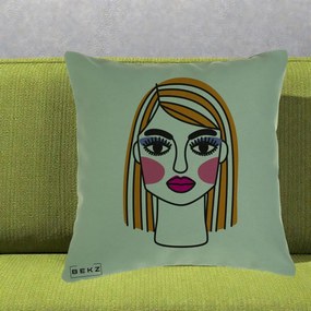 Perna Decorativa Portret Pop Art Fata, 40x40 cm, Verde, Husa Detasabila, Perna Inclusa, BEKZ®