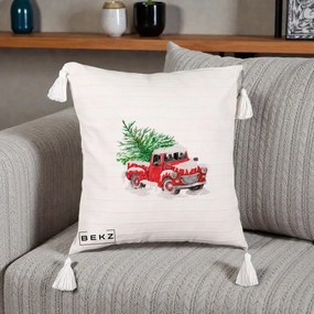 Perna Decorativa Camioneta Rosie Brad de Craciun, 40x40 cm, Bej cu Franjuri, Husa Detasabila, Perna Inclusa, BEKZ®