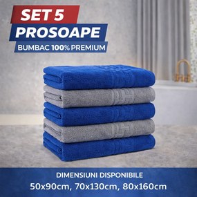 Set 5 Prosoape Baie Premium, 100% Bumbac, Absorbante și Pufoase, Albastru/Gri