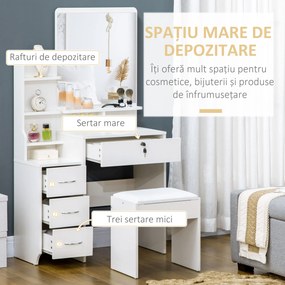 HOMCOM Post de machiaj cu oglindă mare din sticlă temperată, tocător de machiaj cu scaun căptușit, 4 sertare și 4 rafturi, post de machiaj pentru dormitor, alb | Aosom Romania