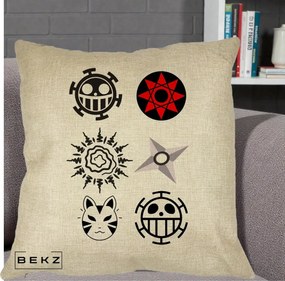 Perna Personalizata Simboluri Anime Mix - Naruto One Piece, 40x40 cm, Crem, Husa Detasabila, Perna Inclusa, BEKZ®