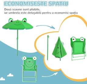 Outsunny Set Masa de Gradina cu 2 Scaune Pliabile si Umbrela pentru Copii din Metal si Poliester, Verde | Aosom Romania