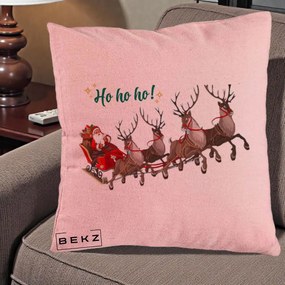 Perna Decorativa Ho Ho Ho Mos Craciun cu Sanie si Reni, 40x40 cm, Roz, Husa Detasabila, Perna Inclusa, BEKZ®