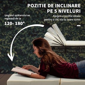 Outsunny Set cu 2 Sezlonguri Plaja si Masuta de Gradina din Ratan PE, Sezlong cu Perne Capitonate si Masuta de Cafea din Sticla, Maro si bej