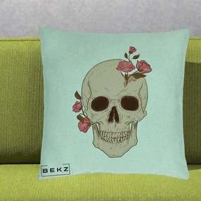 Perna Decorativa Craniu Floral Gothic, 40x40 cm, Verde Menta, Husa Detasabila, Perna Inclusa, BEKZ®
