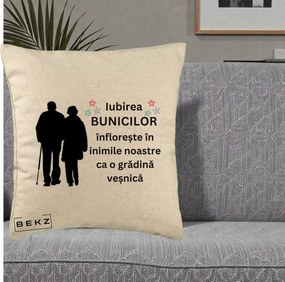 Cadou pentru Bunici - Perna Personalizata Bunicii Iubirea Infloreste Silueta Neagra Flori, 40x40 cm, Bej, Husa Detasabila, Perna Inclusa, BEKZ®