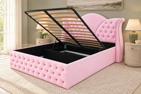 Pat tapițat Chesterfield din catifea Velora 160×200 cm, roz, cu ladă de depozitare
