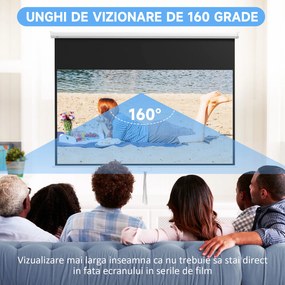 HOMCOM Ecran Proiector 100", 16:9, Montaj Perete/Tavan, Material Mat Premium, Blocare Automată, 221x124 cm, Alb | Aosom Romania