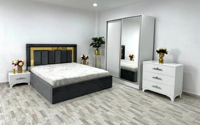 Dormitor complet Napoli, culoare gri / alb, cu pat Napoli 160 x 200 cm, dressing Erika 150 cm, 2 noptiere si comoda Viena