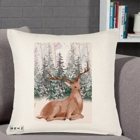 Perna Decorativa Ren in Padure Roz Moale, 40x40 cm, Crem Reliefat, Husa Detasabila, Perna Inclusa, BEKZ®