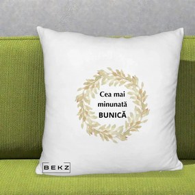 Cadou pentru Bunica - Perna Personalizata Cea Mai Minunata Bunica Coronita Frunze Acuarela, 40x40 cm, Alb Pufos, Husa Detasabila, Perna Inclusa, BEKZ®