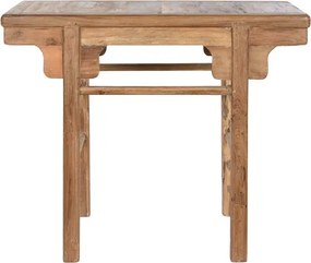Consolă hol farmhouse din lemn de tec reciclat, natur, cu console decupate sub blat și traverse rotunde, 83 x 100 x 50 cm, „Avana Small”