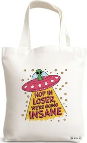 Sacosa de Panza pentru Cumparaturi, Geanta Tote, model Ufo life 38 x 34.5 cm, Alba, BEKZ®