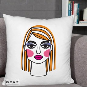 Perna Decorativa Portret Pop Art Fata, 40x40 cm, Alb Pufos, Husa Detasabila, Perna Inclusa, BEKZ®