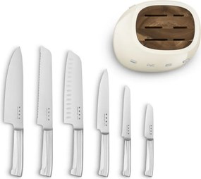 Set de cutite cu suport SMEG KBSF02CR, 7 piese, Manere din lemn de salcam, Otel inoxidabil german, Crem