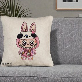Perna Personalizata Labubu Panda-Bunny Roz, 40x40 cm, Bej Canapea, Husa Detasabila, Perna Inclusa, BEKZ®
