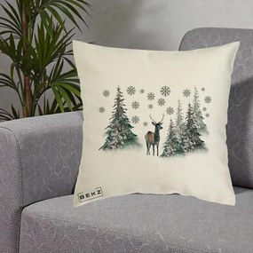 Perna Decorativa Ren in Padure Inzapezita, 40x40 cm, Ecru, Husa Detasabila, Perna Inclusa, BEKZ®