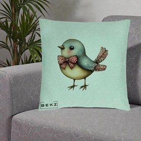 Perna Decorativa Pasare Bleu cu Fundita Rosie, 40x40 cm, Verde Menta, Husa Detasabila, Perna Inclusa, BEKZ®