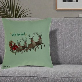 Perna Decorativa Ho Ho Ho Mos Craciun cu Sanie si Reni, 40x40 cm, Verde, Husa Detasabila, Perna Inclusa, BEKZ®