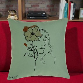 Perna Decorativa Portret Feminin Floare Bej Terracotta, 40x40 cm, Verde, Husa Detasabila, Perna Inclusa, BEKZ®