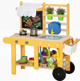 AIYAPLAY Bucătărie de jucărie exterioară din lemn cu roți Apă reală Ghivece Tablă și 15 accesorii 84,2x34,4x90 cm Galben | Aosom Romania