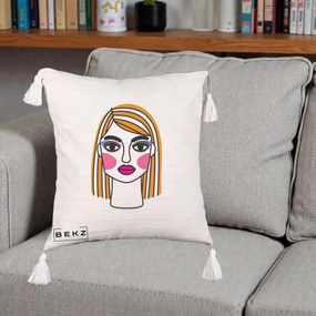 Perna Decorativa Portret Pop Art Fata, 40x40 cm, Bej cu Franjuri, Husa Detasabila, Perna Inclusa, BEKZ®