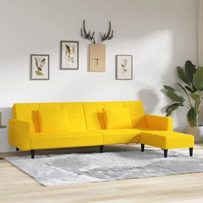Canapea extensibilă, 2 locuri, 2 perne&amp;taburet, galben, catifea