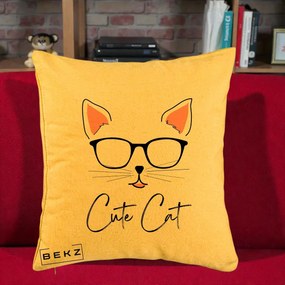 Perna Personalizata Cute Cat cu Ochelari, 40x40 cm, Galben, Husa Detasabila, Perna Inclusa, BEKZ®